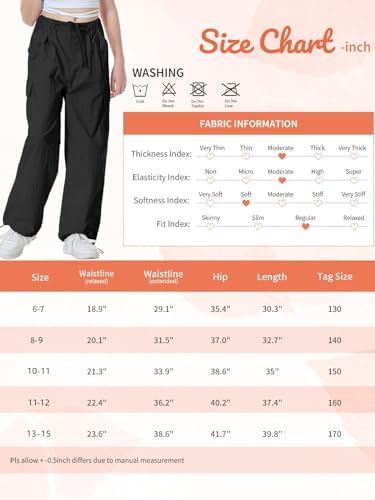 Rolanko Girls Baggy Cargo Parachute Trousers Y2K Vintage Joggers With Adjustable Elastic Waist For Kids Fit
