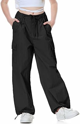 Rolanko Girls Baggy Cargo Parachute Trousers Y2K Vintage Joggers with Adjustable Elastic Waist for Kids Fit