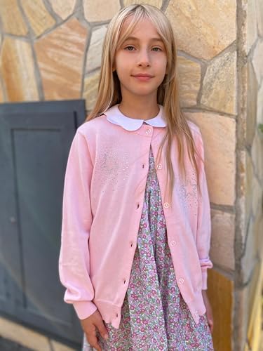 Rolanko Girls Cardigans Cotton Long Sleeve Button Down Basic Schoolwear Crew Neck Knit Sweater