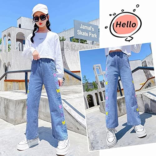 Rolanko Girls Jeans Bootcut Ripped Elasticated Waist Retro Style Denim Pants For Kids Fit