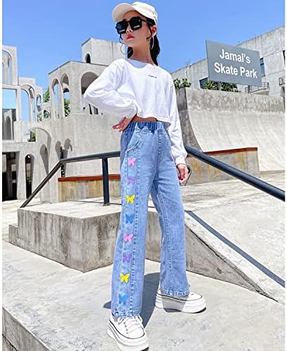 Rolanko Girls Jeans Bootcut Ripped Elasticated Waist Retro Style Denim Pants For Kids Fit