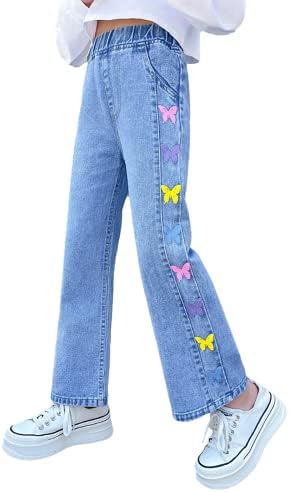 Rolanko Girls Jeans Bootcut Ripped Elasticated Waist Retro Style Denim Pants for Kids Fit