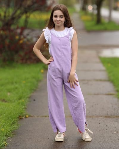Rolanko Girls Jumpsuit Adjustable Spaghetti Strap Loose Overalls Rompers Cotton Baggy Plain Playsuits With Pockets For Age 5-12 Years