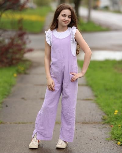 Rolanko Girls Jumpsuit Adjustable Spaghetti Strap Loose Overalls Rompers Cotton Baggy Plain Playsuits With Pockets For Age 5-12 Years