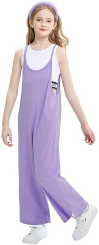 Rolanko Girls Jumpsuit Adjustable Spaghetti Strap Loose Overalls Rompers Cotton Baggy Plain Playsuits With Pockets For Age 5-12 Years