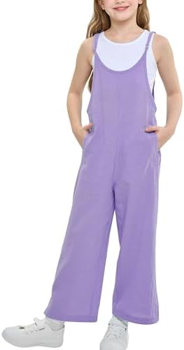 Rolanko Girls Jumpsuit Adjustable Spaghetti Strap Loose Overalls Rompers Cotton Baggy Plain Playsuits with Pockets for Age 5-12 Years