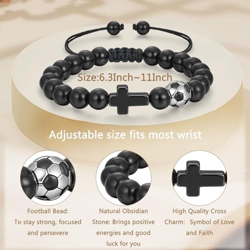 RoseJeopal Beaded Cross Bracelet For Boys Black Adjustable Basketball Baseball Rugby Football Bracelet Christmas Christian Gifts For Boys