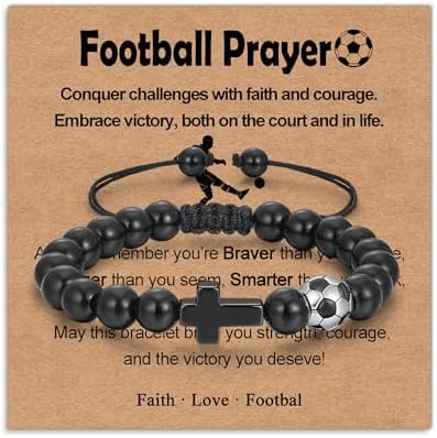 RoseJeopal Beaded Cross Bracelet for Boys Black Adjustable Basketball Baseball Rugby Football Bracelet Christmas Christian Gifts for Boys