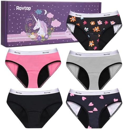Rovtop Girls Menstrual Period Pants Teenager Kids 5Pcs Soft Cotton Menstrual Briefs Period Knickers Girls Leak-Proof Clean and Washable Teenage Menstrual Underwear for 8-16 Years(Size L)