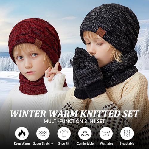 Runmeihe Kids Hat Scarf Gloves 3 In 1 Winter Warm Knitted Set Cold Weather Set With Knit Beanie Cap Touch Screen Gloves Circle Neck Scarf