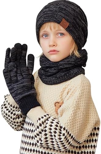 Runmeihe Kids Hat Scarf Gloves 3 in 1 Winter Warm Knitted Set Cold Weather Set with Knit Beanie Cap Touch Screen Gloves Circle Neck Scarf