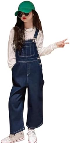 Runstarshow Girls Denim Dungarees Kids Jean Overalls Bib Pants Wide Leg Jeans Adjustable Strap Baggy All in One Jumpsuit with Pockets Cute Playsuit for Girls Age 3-14 Years