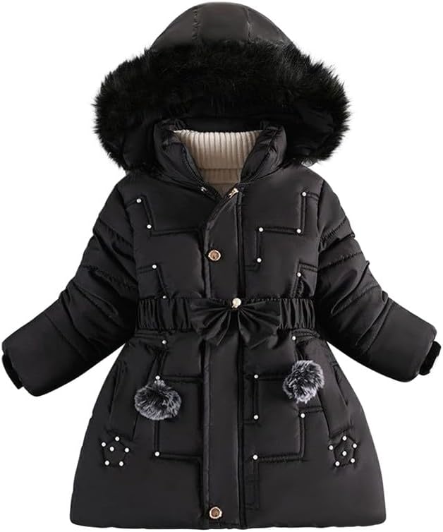 Runstarshow Girls' Winter Jacket - Padded Hooded Parka with Detachable Hood Fur Collar Belt Pockets - Warm School Coats for Girls Aged 3-12 Years