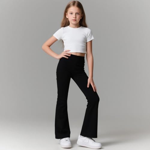 Sahunfri Girls Flared Leggings High Waisted Tummy Control Yoga Pants For Kids Breathable Stretchy School Trousers Suitable For Dance