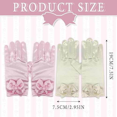 SAIIURV 2 Pairs Little Girls Short Princess Satin Gloves With Bow Baby Girls Fancy Dress Costume Gloves For Princess Tea Party Wedding Formal Pageant Birthday