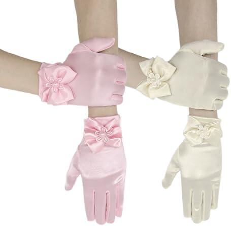 SAIIURV 2 Pairs Little Girls Short Princess Satin Gloves with Bow Baby Girls Fancy Dress Costume Gloves for Princess Tea Party Wedding Formal Pageant Birthday