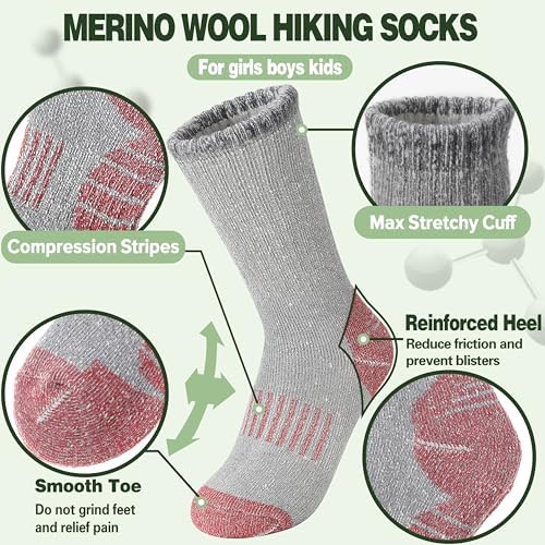 Sandsuced Kids Merino Wool Thermal Walking Socks Girls Boys Teen Winter Cosy Hiking Warm Thick Cushion Boot Socks 4 Pairs