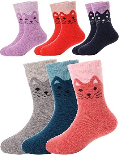 Sandsuced Kids Merino Wool Thermal Warm Socks for Walking Boys Girls Toddlers Winter Hiking Thick Heavy Cosy Boot Cabin Crew Socks 6 Pairs
