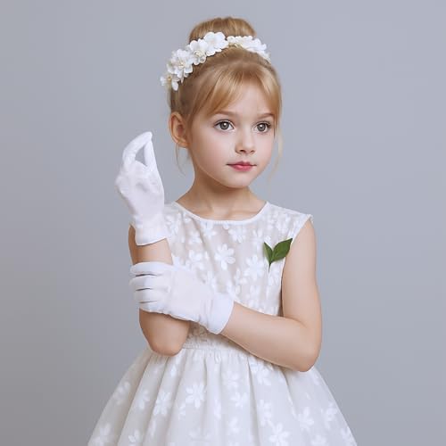 Satin Gloves For Girls Princess Dress White Gloves For Halloween Holiday Wedding And Pageant Wrist Length (4-14 Years)