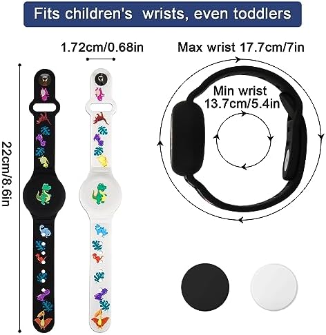 SAVITA 2pcs Kids Wristband For AirTag Dinosaur Cartoon Pattern Bracelet For Waterproof Toddler Elder Adjustable Watch Band Kids Anti Lost For AirTag Case Holder For Hiding GPS Tracker (Black White)