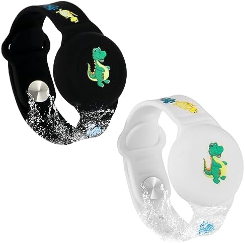 SAVITA 2pcs Kids Wristband for AirTag Dinosaur Cartoon Pattern Bracelet for Waterproof Toddler Elder Adjustable Watch Band Kids Anti Lost for AirTag Case Holder for Hiding GPS Tracker (Black White)