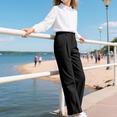 School Trousers For Girls Half Elasticated Waist School Uniform Trouser Stretchy Comfortable Flexible Pants Casual Girls Slim Fit Dress Pants With Pockets