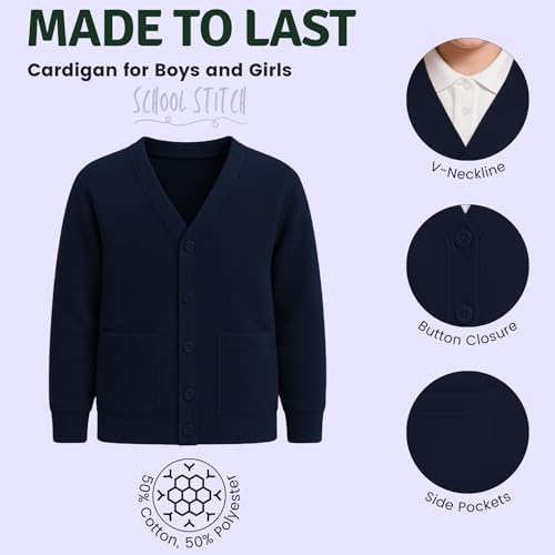 SchoolStitch® Girls Boys School Uniform Long Sleeve Cardigan Kids Unisex Button Up V Neck Jumper Plain Sweater With Front Pockets School Cardigans For Girls And Boys Age 2-13 Years