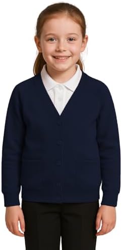 SchoolStitch® Girls Boys School Uniform Long Sleeve Cardigan Kids Unisex Button up V Neck Jumper Plain Sweater with Front Pockets School Cardigans for Girls and Boys Age 2-13 Years