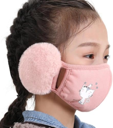 SEARUB Kids Winter Windproof Cotton Mouth Mask With Plush Earmuffs Cartoon Animal Dustproof Washable Face Cover Ear Warmers Kids Windproof Mouth Mask