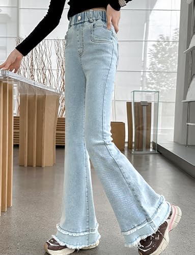 SEAUR Girl Jeans Skinny Flared Jeans Kids Bell Bottom Denim Pants Slim Fit Trousers Casual Jeans Elastic Waistband Retro Style For 5-14 Years
