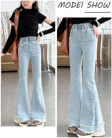 SEAUR Girl Jeans Skinny Flared Jeans Kids Bell Bottom Denim Pants Slim Fit Trousers Casual Jeans Elastic Waistband Retro Style For 5-14 Years