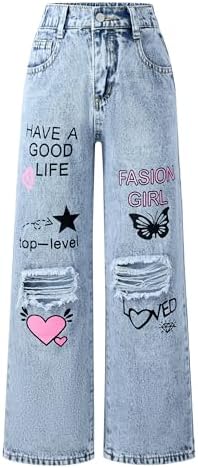SEAUR Girls Jeans Ripped Baggy Wide Leg Jeans Kids Straight Pants Loose Denim Pants Casual for 5-14 Years