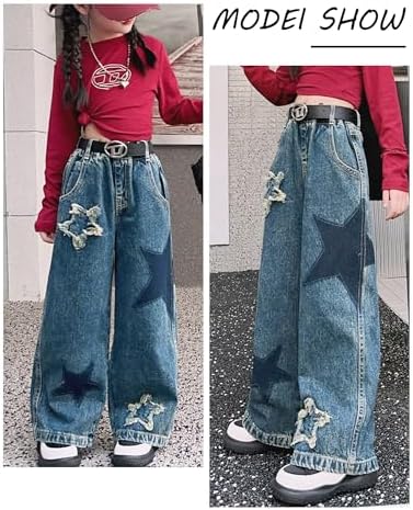 SEAUR Girls Jeans Wide Leg Jeans Kids Straight Pants Loose Denim Trousers Casual