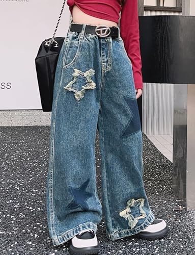 SEAUR Girls Jeans Wide Leg Jeans Kids Straight Pants Loose Denim Trousers Casual