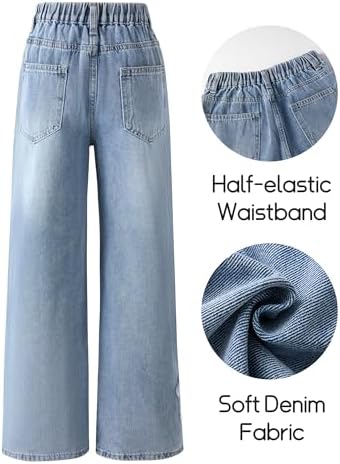 SEAUR Girls Jeans Wide Leg Pants Kids Elastic Waist Denim Pants Baggy Casual Trousers Ripped With Pockets 7-14 Years