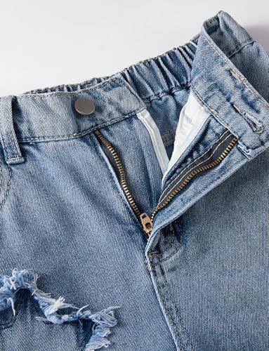 SEAUR Girls Jeans Wide Leg Pants Kids Elastic Waist Denim Pants Baggy Casual Trousers Ripped With Pockets 7-14 Years