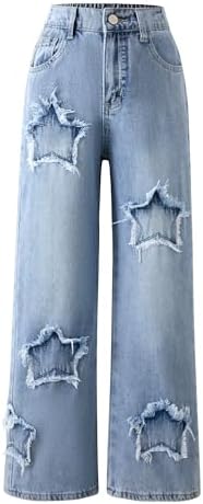 SEAUR Girls Jeans Wide Leg Pants Kids Elastic Waist Denim Pants Baggy Casual Trousers Ripped with Pockets 7-14 Years