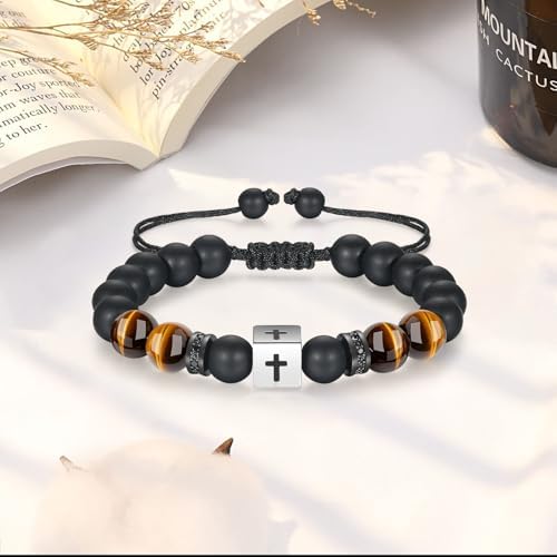 Sehalosi Cross Bracelet For Boys Black Onyx Tiger Eye Bead Bracelet With Stainless Steel Cube Son Grandson Brother Cousin Nephew Christian Gift For Baptism Birthday Christmas