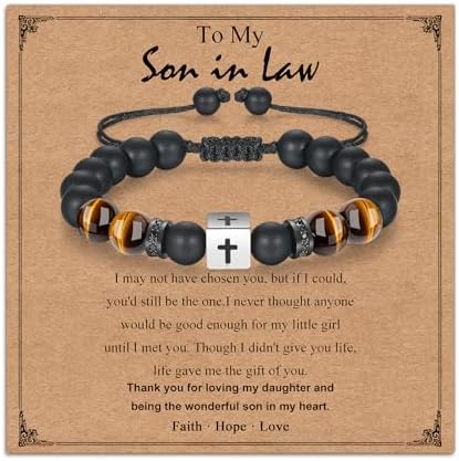 sehalosi Cross Bracelet for Boys Black Onyx Tiger Eye Bead Bracelet with Stainless Steel Cube Son Grandson Brother Cousin Nephew Christian Gift for Baptism Birthday Christmas
