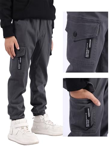 SERENYOU Boys Cargo Trousers Slim Fit Joggers Pants Elasticated Waist For Kids 6-14 Years