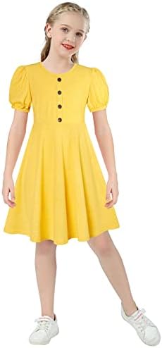 SFreeBo Girls Dress With Plain Long/Short Sleeve Cotton - Kids Casual T-Shirt Dress For 7-13 Years