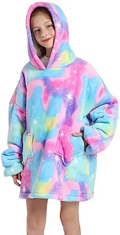 Shamdon Home Collection Long Kids Oversized Blanket Hoodie Wearable Blanket Sweatshirt For Girls Boys Sherpa FLeece Hooded Pullover With Pocket For Children Teens Aged 5-15
