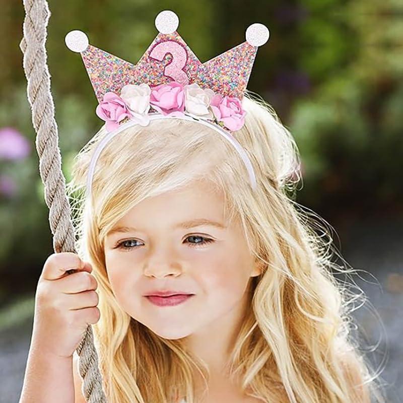 Shirene Birthday Crown Crown Headbands Birthday Girl Headband Flower Pink Princess Tiara Years Old Headpiece Glitter Hair Band Birthday Decorations Hair Accessory For Women And Girls