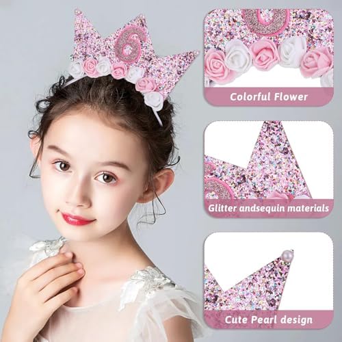 Shirene Birthday Crown Crown Headbands Birthday Girl Headband Flower Pink Princess Tiara Years Old Headpiece Glitter Hair Band Birthday Decorations Hair Accessory For Women And Girls
