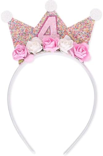 Shirene Birthday Crown Crown Headbands birthday girl headband Flower Pink Princess Tiara Years Old Headpiece Glitter Hair Band Birthday Decorations Hair Accessory for Women and Girls
