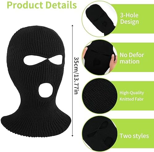 Sibba 3 Hole Winter Knitted Mask 2 Pcs Black Full Face Ski Mask Winter Warm Face Cover Balaclava Winter Face Mask Beanie Face For Men Women Outdoor Sports