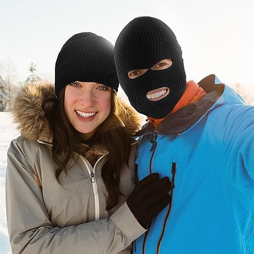 Sibba 3 Hole Winter Knitted Mask 2 Pcs Black Full Face Ski Mask Winter Warm Face Cover Balaclava Winter Face Mask Beanie Face For Men Women Outdoor Sports