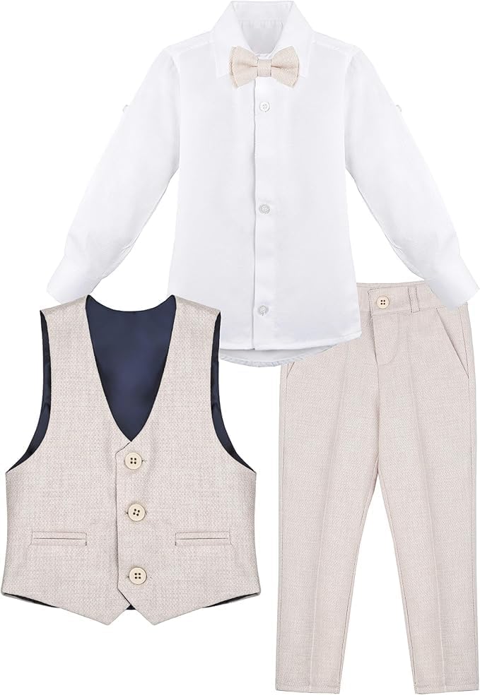 SIRRI Boys' Slim Fit 4 Piece Textured Waistcoat Suit Set Formal Outfit For Weddings Parties And Special Occasions