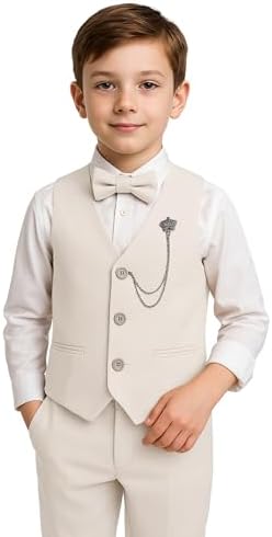 SIRRI Boys' Slim Fit 4 Piece Textured Waistcoat Suit Set Formal Outfit for Weddings Parties and Special Occasions