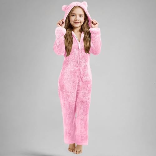 Slxbear Girls Jumpsuit Hooded Kids Fuzzy Pyjamas Long Sleeve Onesie Pajamas Soft Cozy Child Sleepwear Winter Warm Lounge Romper Loungewear Toddler Fleece Onesies Age 5-15 Years